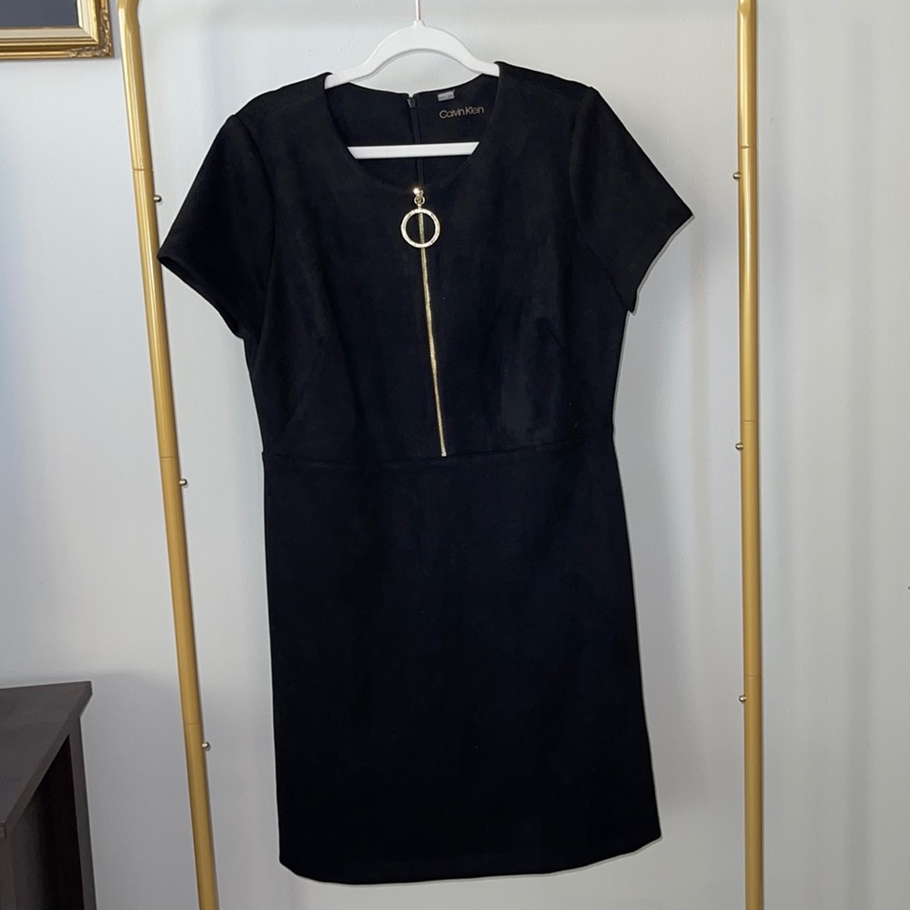 Black Suede Calvin Klein Dress with Gold Zip